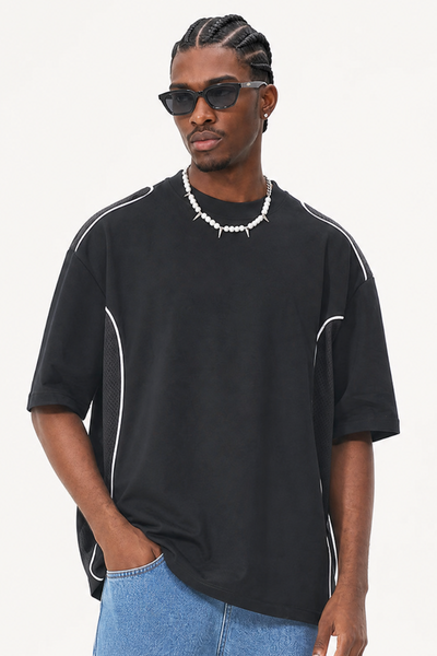 Men Summer Mesh Splice Contrast Stitch Oversized Cotton Tee