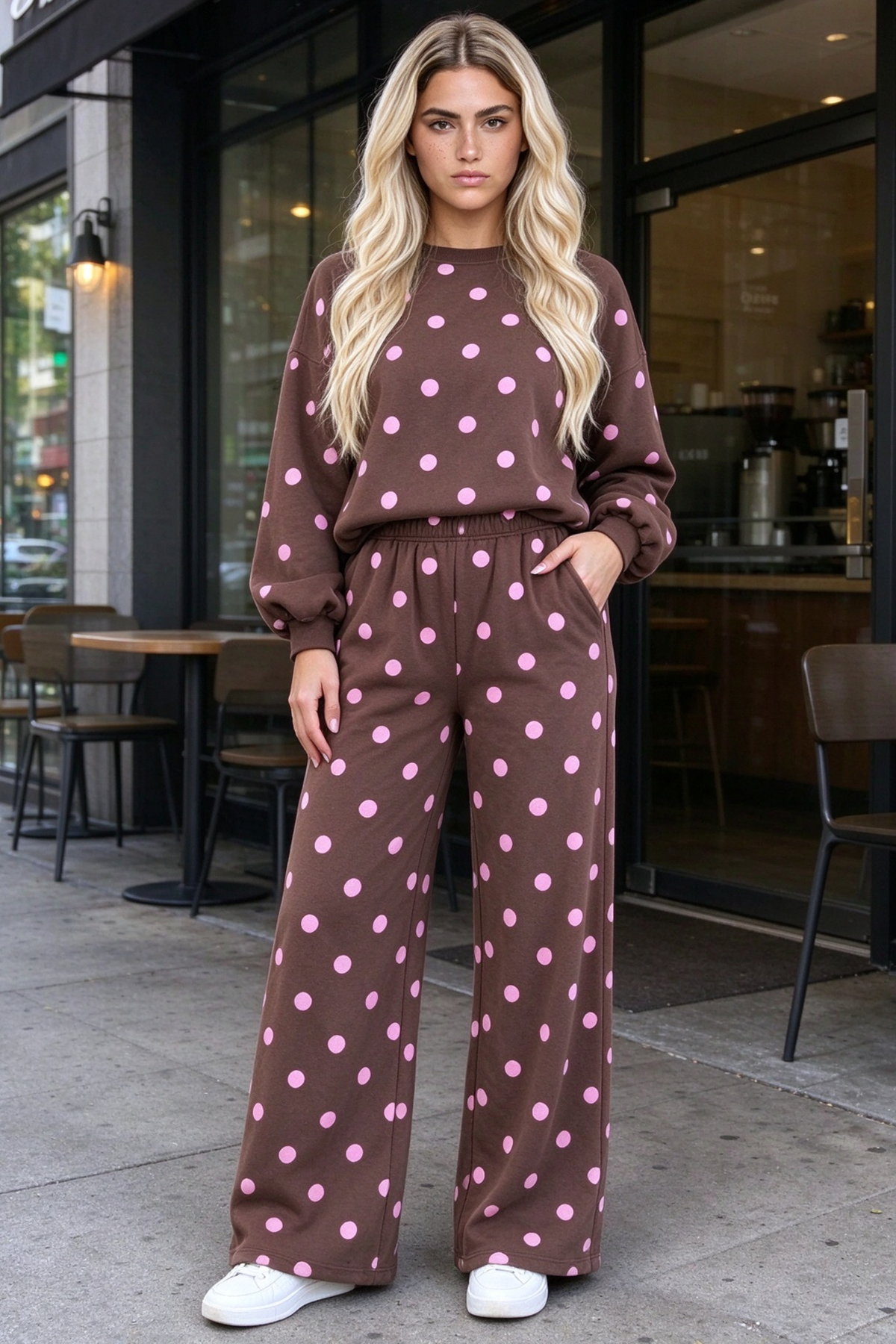 Women Fall Clothing Polka Dot Sweatshirt Wide Leg Set