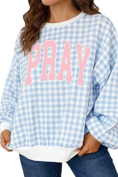 Women Fall Clothing Gingham PRAY Print Sweatshirt