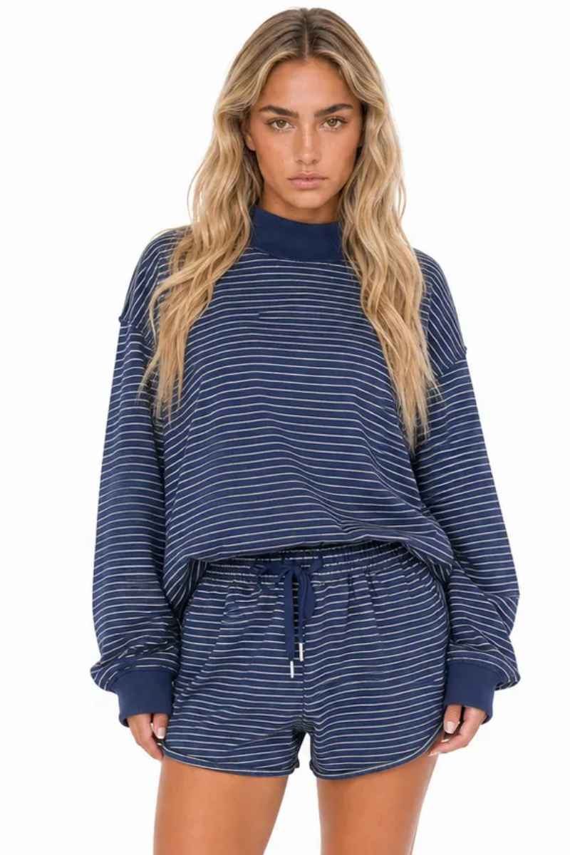 Women Fall Striped Mock Neck Sweatshirt Shorts 2 Piece Set
