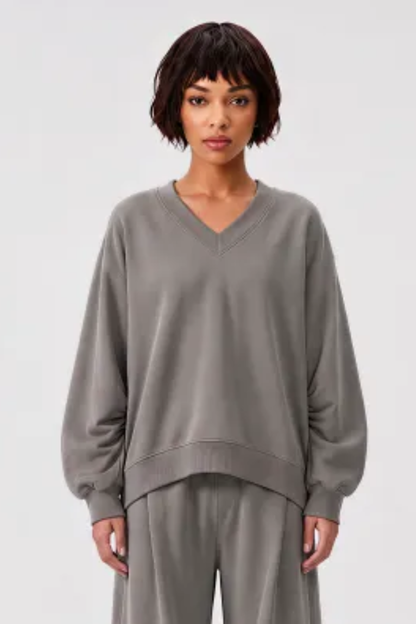 Women Fall V Neck Boxy Cropped Lantern Sleeve Sweatshirt