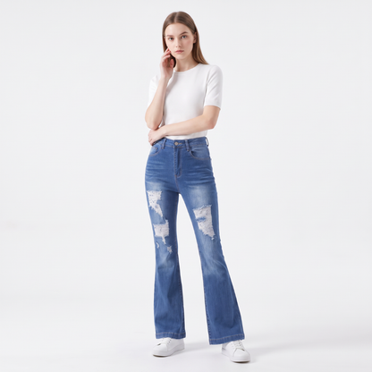 Women's High Waist Ripped Distressed Stretch Flare Jeans