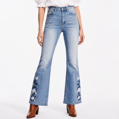 Women's High Waist Floral Embroidered Flare Jeans