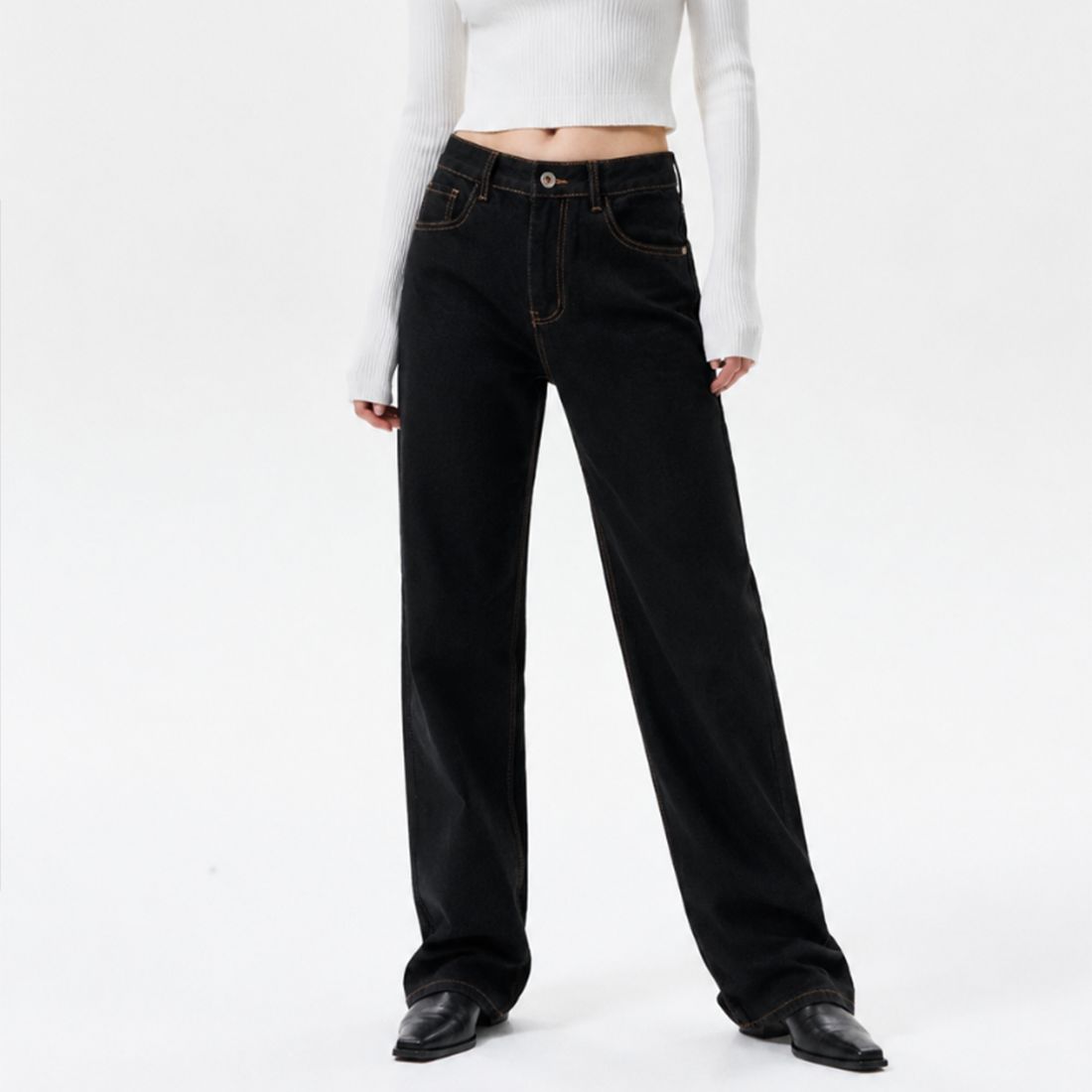Women's High Waist Black Wash Straight Leg Jeans