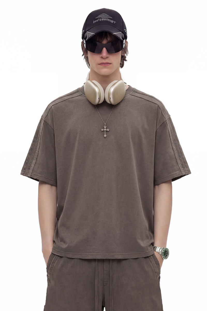 Unisex 275g Cotton Washed Raw Edge Patchwork Sports Tee