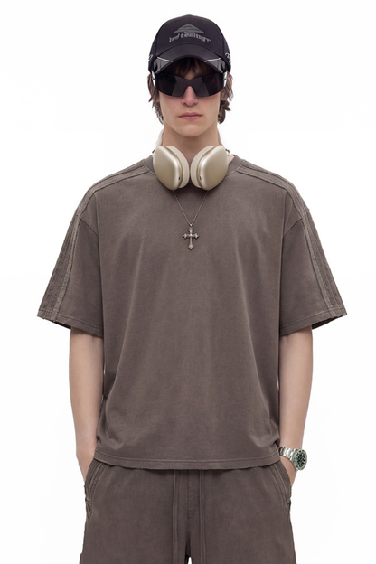 Unisex 275g Cotton Washed Raw Edge Patchwork Sports Tee