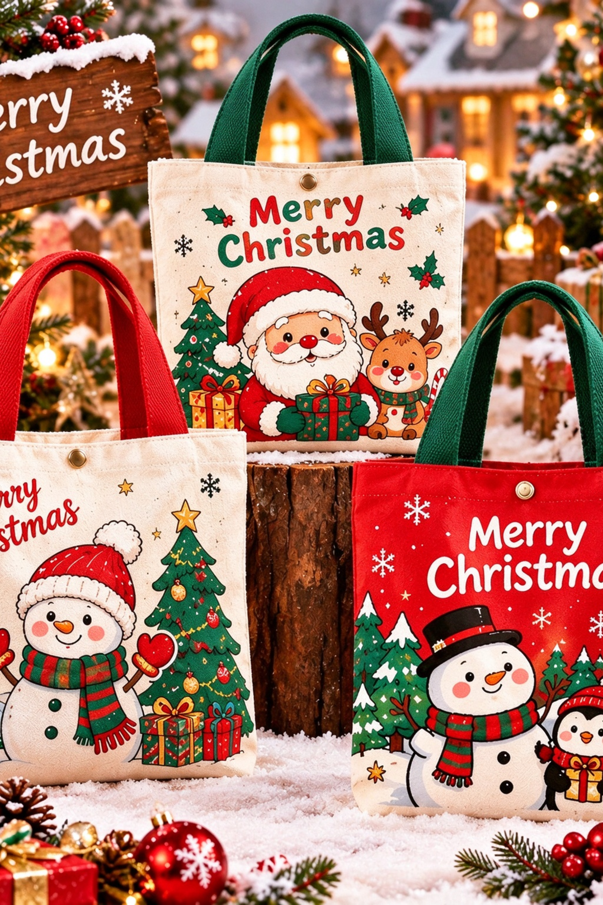 Christmas Santa Canvas Handbag Holiday Tote Bag