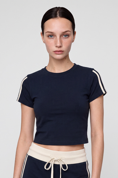 Women Summer Side Stripe Cropped Short Sleeve T Shirt