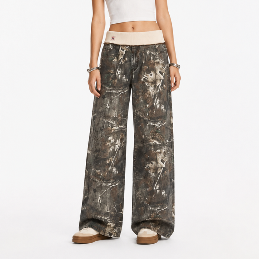 Women's Vintage High Waist Wash Camo Print Wide Leg Jeans