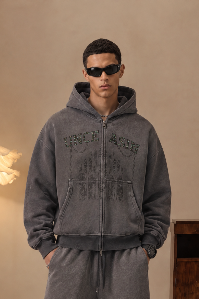 Men Fall Clothing Rhinestone Washed Boxy Zip Hoodie