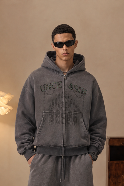 Men Fall Clothing Rhinestone Washed Boxy Zip Hoodie