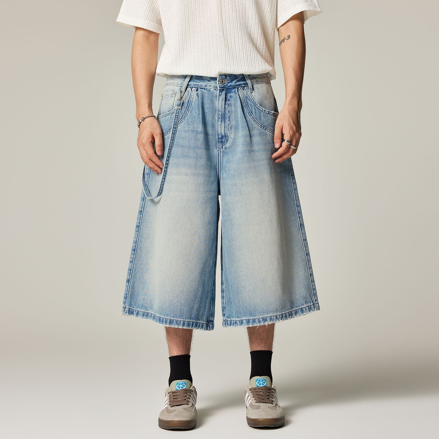 Men's Summer Washed Strap Wide-Leg Denim Shorts