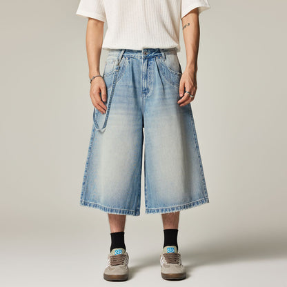 Men's Summer Washed Strap Wide-Leg Denim Shorts