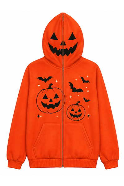 Unisex Fall Clothing Halloween Pumpkin Bat Zip Hoodie