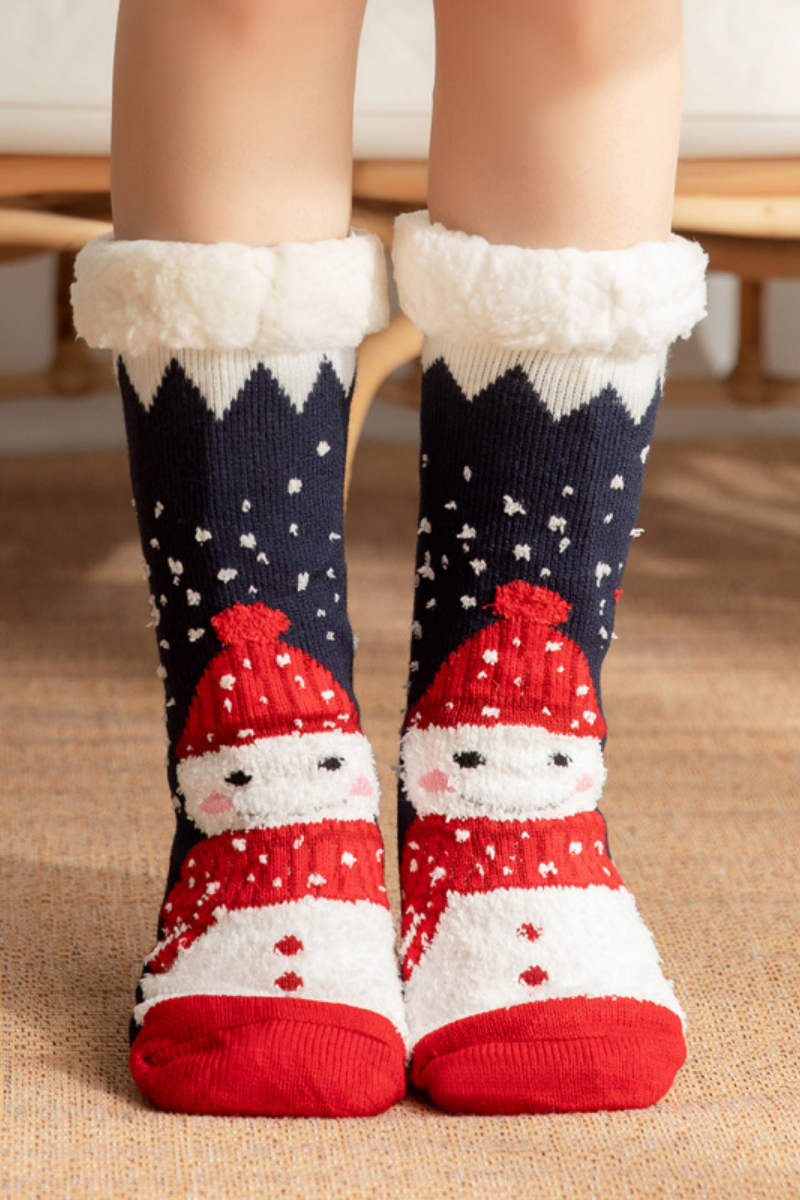 Women Winter Christmas Fleece Cuff Non Slip Slipper Socks