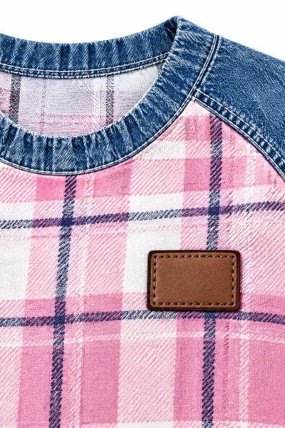 Women Fall Clothing Denim Plaid Patchwork Sweatshirt