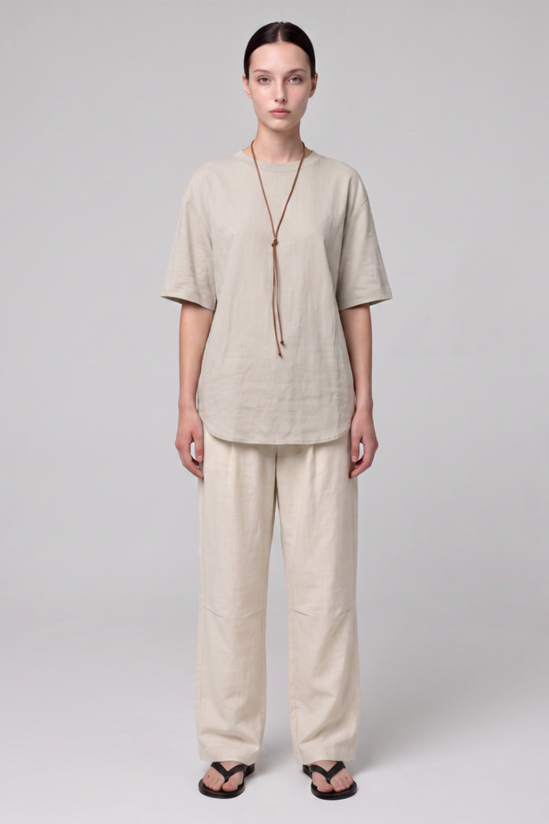 Women's Summer Linen-Blend Crewneck Tee Wide-Leg Pants Set