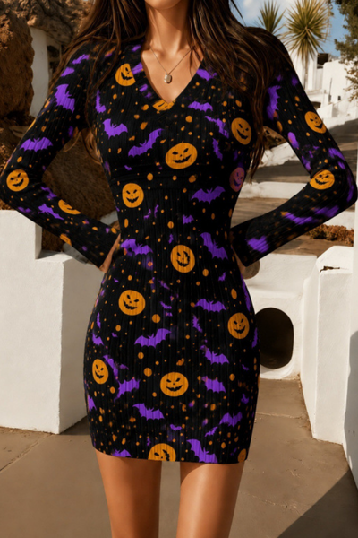 Women Fall Clothing Halloween Pumpkin Ribbed Bodycon Dress