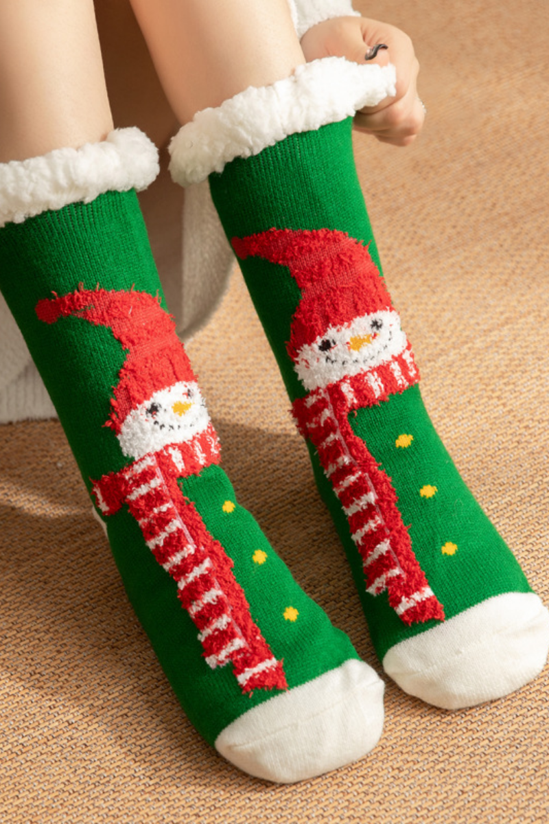 Women Winter Christmas Fleece Cuff Non Slip Slipper Socks