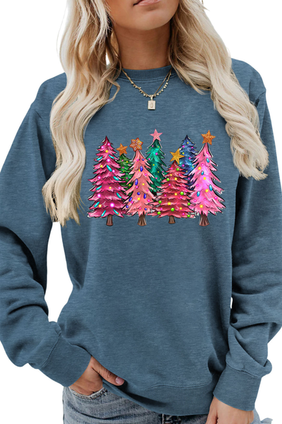 Women's Fall Christmas Tree Graphic Print Crew Sweatshirt
