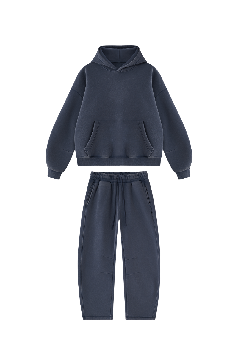 Men Fall Clothing Faded Fleece Hoodie & Wide-Leg Pants Set