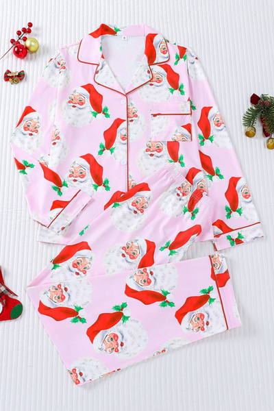 Women's Christmas Pink Striped Open Collar Pajama Set