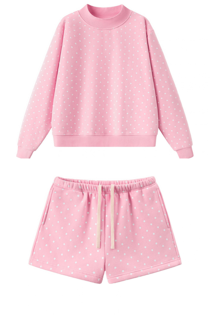 Women All Season Cozy Polka Dot Relaxed 2-Piece Shorts Set