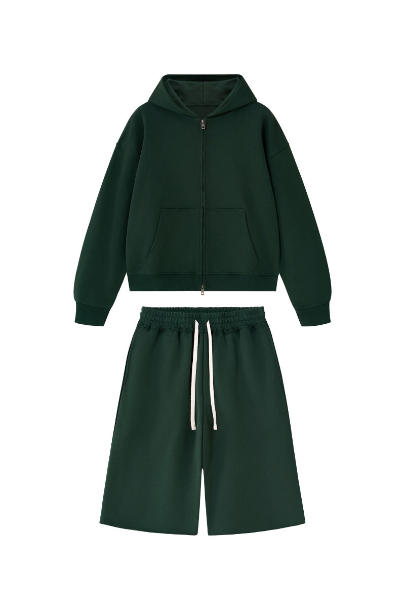 Women's Loose American Casual Zip Hoodie  Mid Shorts Set