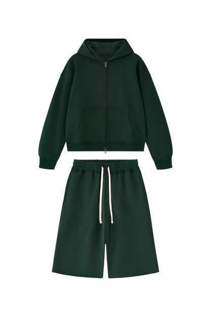 Women's Loose American Casual Zip Hoodie  Mid Shorts Set