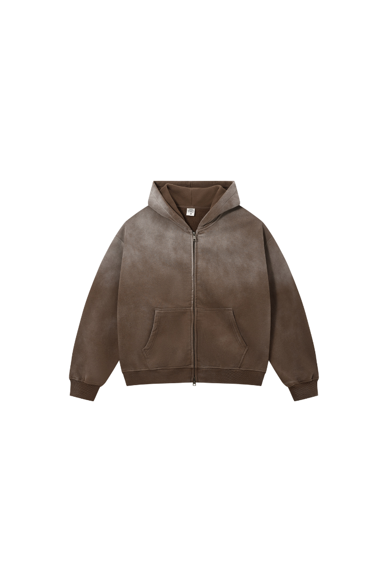 Women Fall Clothing Spray Wash Distressed Zip Hoodie