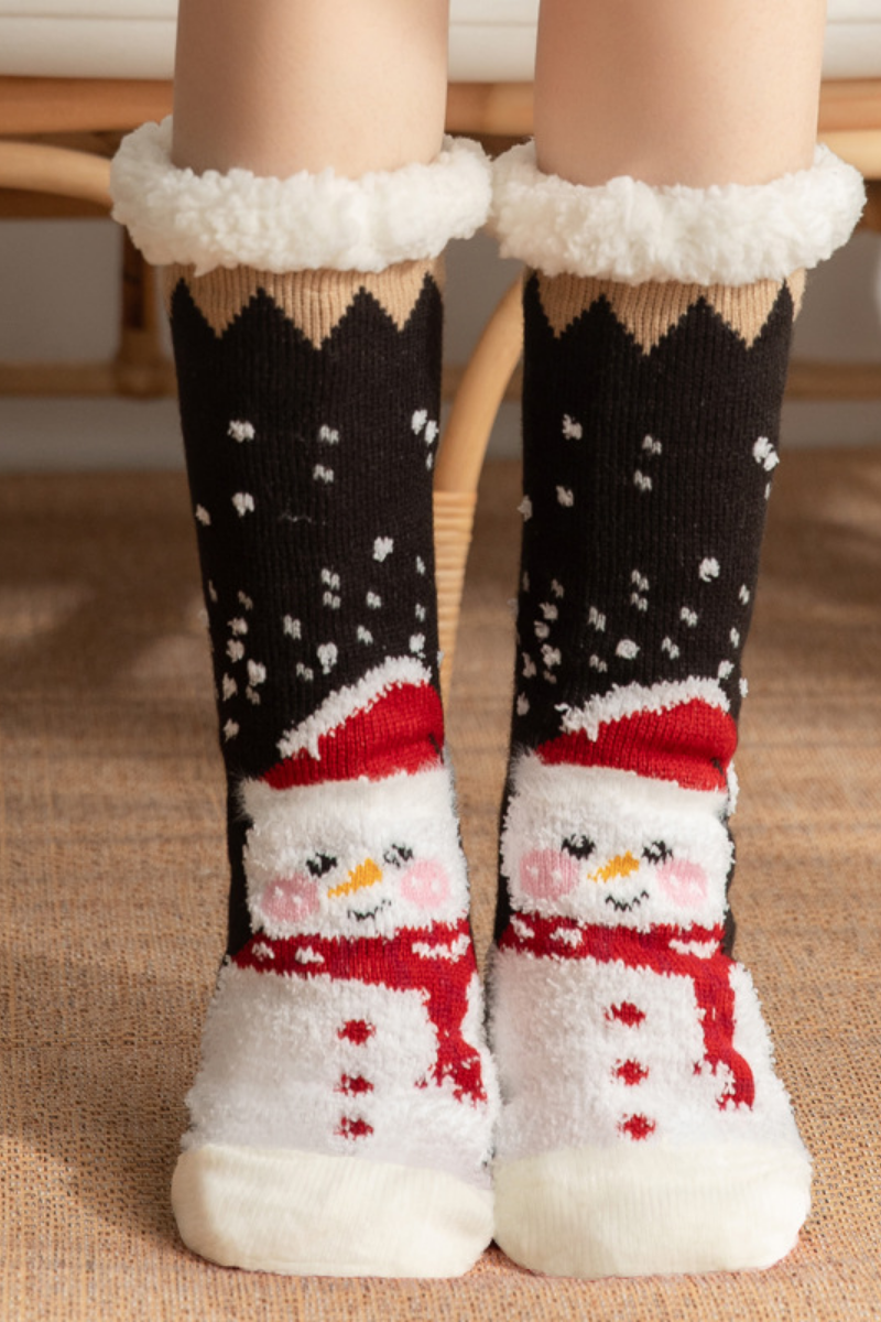 Women Winter Christmas Fleece Cuff Non Slip Slipper Socks