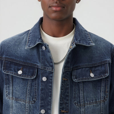 Men's Classic Pointed Collar Washed Denim Trucker Jacket
