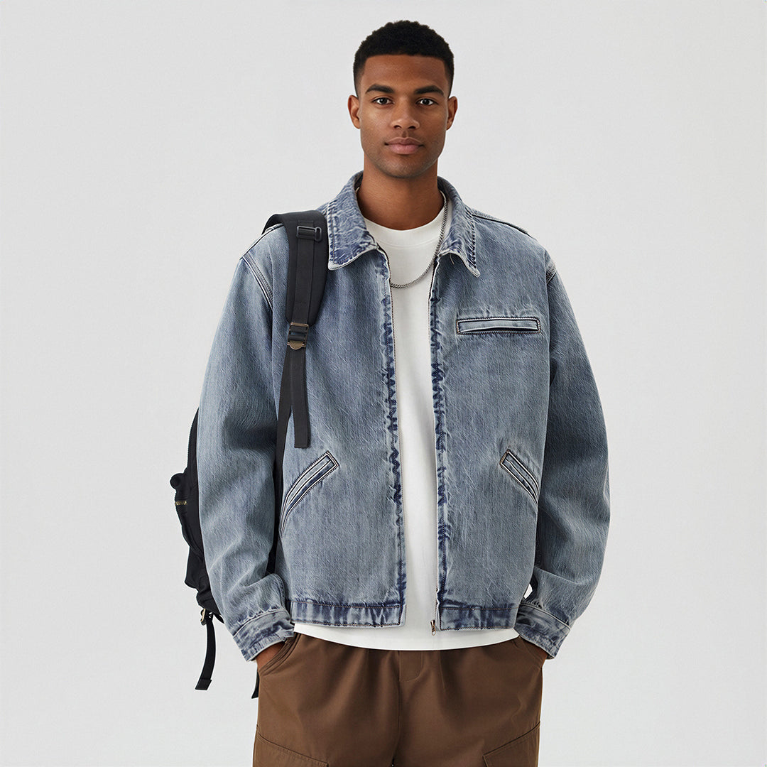 Men's Washed Vintage Washed Denim Workwear Collar Jacket