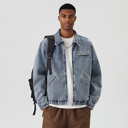 Men's Washed Vintage Washed Denim Workwear Collar Jacket