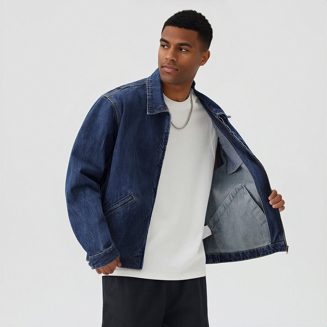 Men's Washed Vintage Washed Denim Workwear Collar Jacket