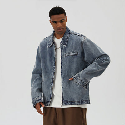 Men's Washed Vintage Washed Denim Workwear Collar Jacket