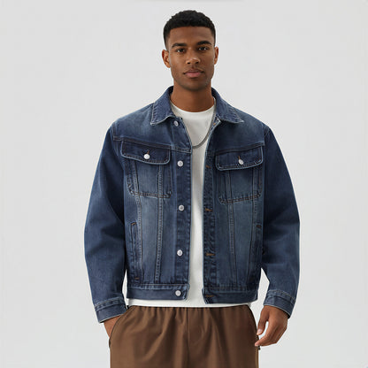 Men's Classic Pointed Collar Washed Denim Trucker Jacket