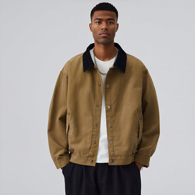 Men's Spring Contrast Collar Washed Denim Work Jacket