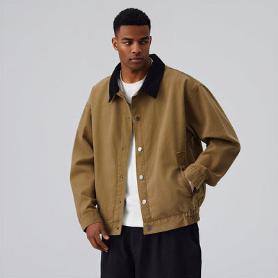 Men's Spring Contrast Collar Washed Denim Work Jacket
