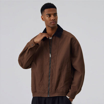 Men's Spring Contrast Collar Washed Denim Work Jacket