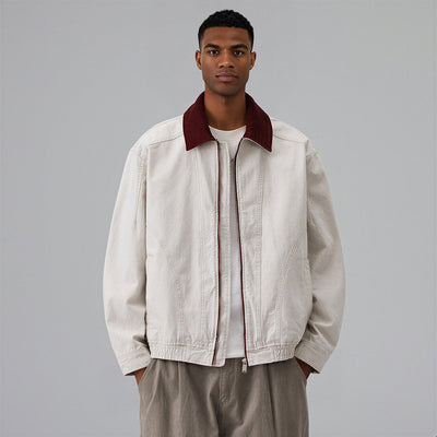 Men's Spring Contrast Collar Washed Denim Work Jacket