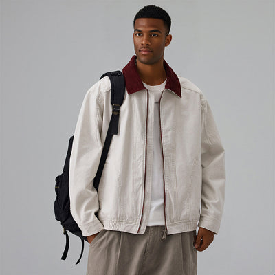 Men's Spring Contrast Collar Washed Denim Work Jacket