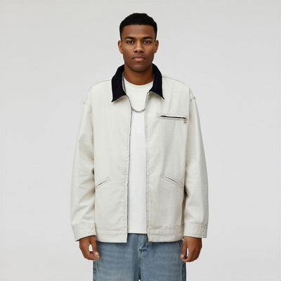 Men's Spring Contrast Collar Washed Denim Work Jacket