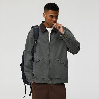 Men's Spring Contrast Collar Washed Denim Work Jacket