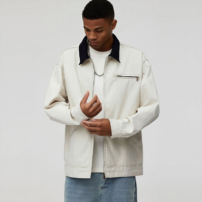 Men's Spring Contrast Collar Washed Denim Work Jacket