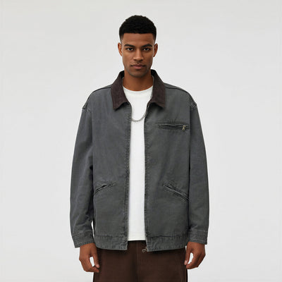 Men's Spring Contrast Collar Washed Denim Work Jacket