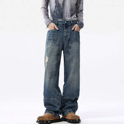Men's Spring Vintage Washed Carpenter Straight Leg Jeans