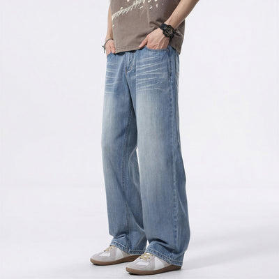 Men's Spring Light Blue Washed Straight Leg Jeans