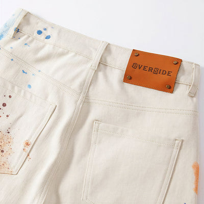 Men's Summer Off-White Blue & Orange Splatter Denim Shorts