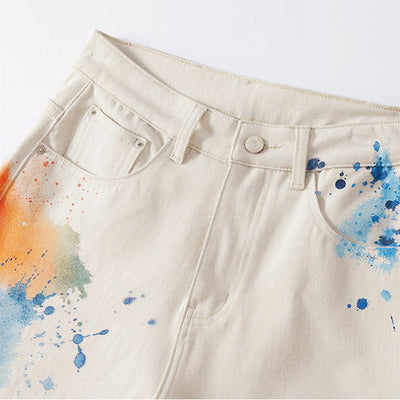 Men's Summer Off-White Blue & Orange Splatter Denim Shorts